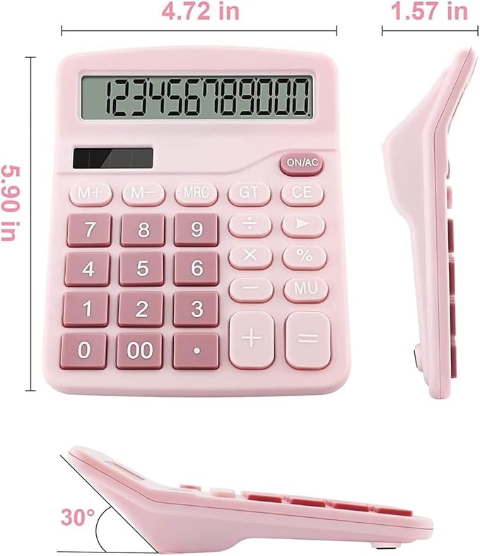 Cute Desktop Basic Calculator for Kids, Dual Solar and Battery Power, Simple 4 Functions and Basic Financial Calculations with Big Buttons and 12 Digit Large Display for Office, Home, School