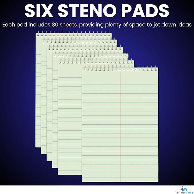 1InTheOffice Steno Pads 6x9, Steno Pads, Spiral Steno Pads, Gregg Rule, Green Tint, 6 x 9, 80 Sheets, 6/Pack