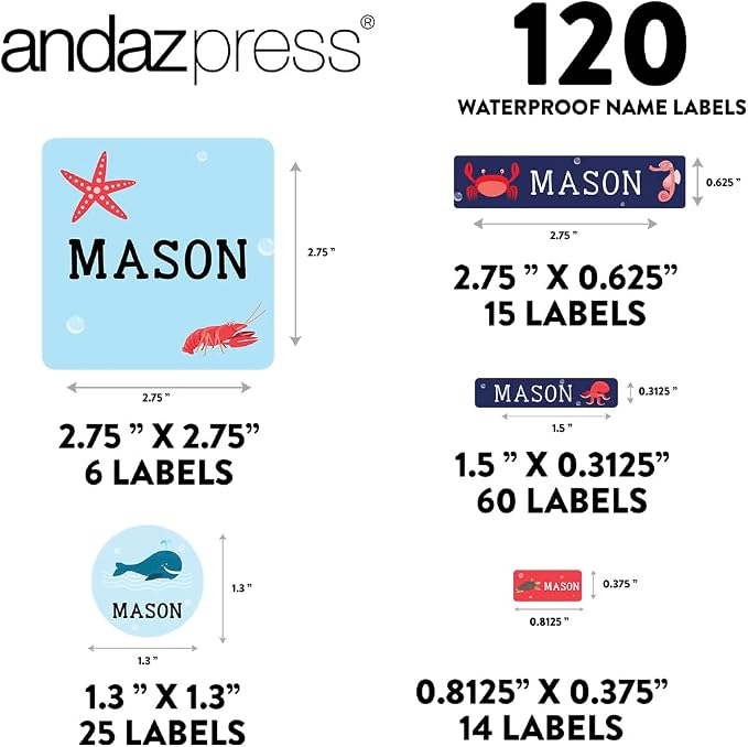 Andaz Press Custom Personalized Waterproof School Name Labels, Under The Sea, 120-Pack, Kids Labels Combo Pack, Customizable Multi-Use Name Stickers for Preschool, Daycare, Supplies, Office, Camping