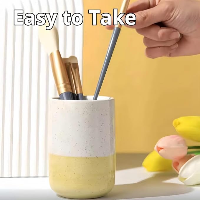 Cute Ceramic Pen Holder for Desk Office Supplies Cubicle Decor Kawaii Workspace Accessories Boho Makeup Organizer for Women Girls Pencil Cup Aesthetic Caddy for Home Office (Yellow Stripe)