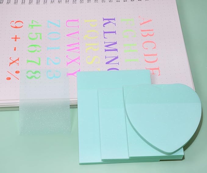 ONLYKXY 4Pack Mixed Shape Transparent Sticky Notes for Annotating,Glitter Pastel Color Waterproof Index Sticker Self-Stick Book Tabs 200Sheets Soft PET Marker Memo Pad for Home School Office (Green)