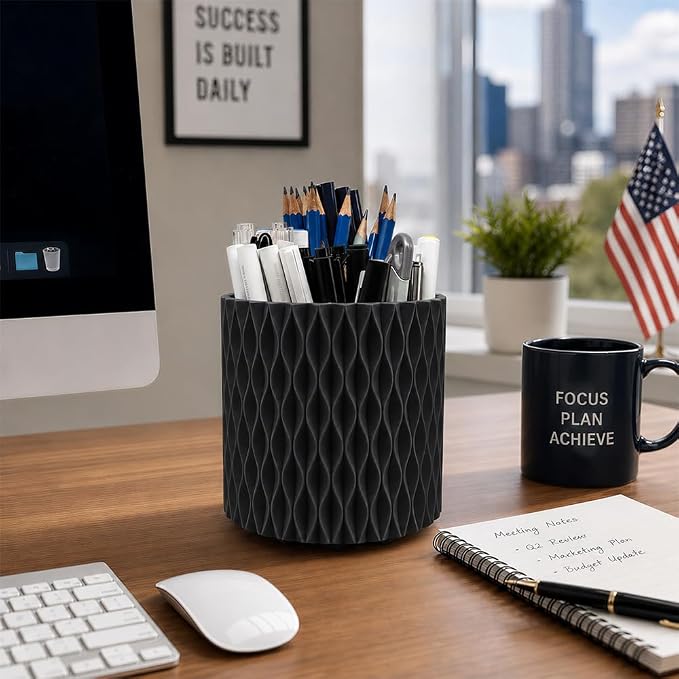 Lebenrich Aesthetic Black Pen Holder for Desk, Rotating Plastic Desk Pencil Holder Organizer for Home School Office