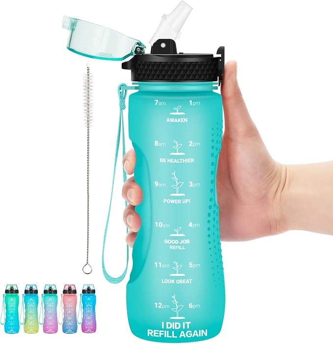 24 OZ Motivational Kids Water Bottle With Time Marker,Straw Lid,Leak Proof, Tritan BPA Free Sports Water Bottle Green(1 Lid)