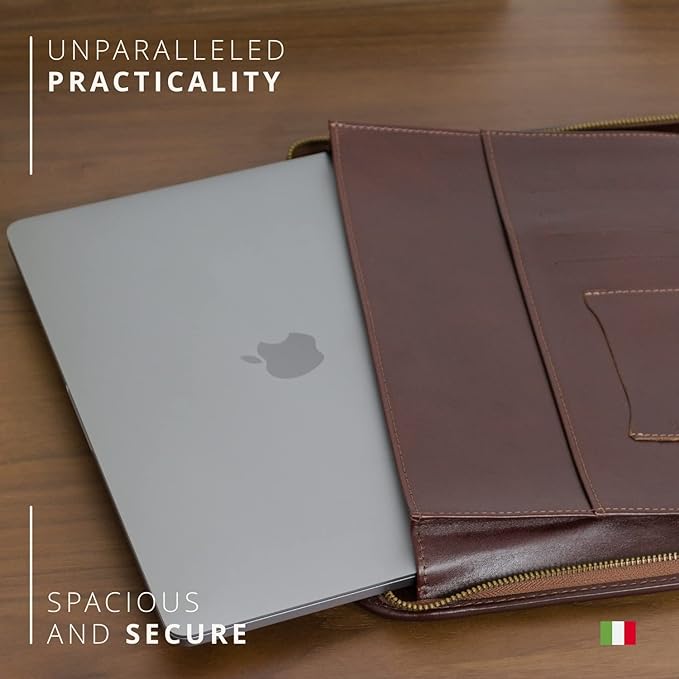 Personalized Maruse Leather Portfolio Padfolio - Executive Folio for Men and Women with Zipper, Folio Document Organizer, Laptop Sleeve, iPad Case and Folder - Made in Italy, Monogram Black