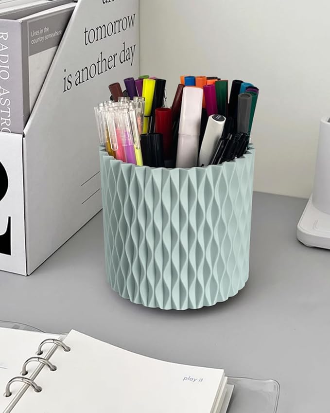Lebenrich Rotating Pen Holder for Desk, 5 Slots Unique Blue Desk Pen Organizer Easthetic Desktop Supplies and Accessories for Women Girls, Pencil Cup Caddy for Office Home Art Supply