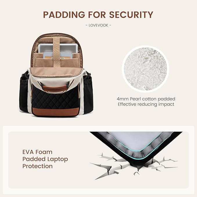 LOVEVOOK Laptop Backpack for Women with Pouch Pocket for Large Capacity Cup,15.6 Inch Teacher Nurse College Work Travel Backpack Purse,Waterproof Laptop Computer Bags,Beige-Black-Brown+Diamond-shaped