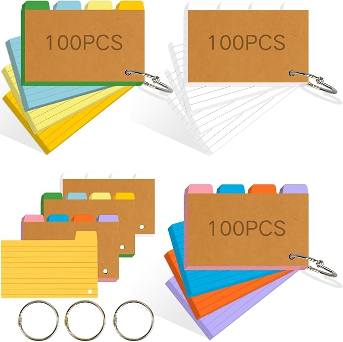 Tabbed Index Cards with Ring 3x5, Lined Colored Flash Card with Tabs, Assorted Colors Thicken Notecards School Supplies for Students Study Note Office Essentials (ColorA+ColorB+White, 300PCS)