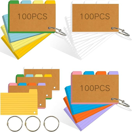 Tabbed Index Cards with Ring 3x5, Lined Colored Flash Card with Tabs, Assorted Colors Thicken Notecards School Supplies for Students Study Note Office Essentials (ColorA+ColorB+White, 300PCS)