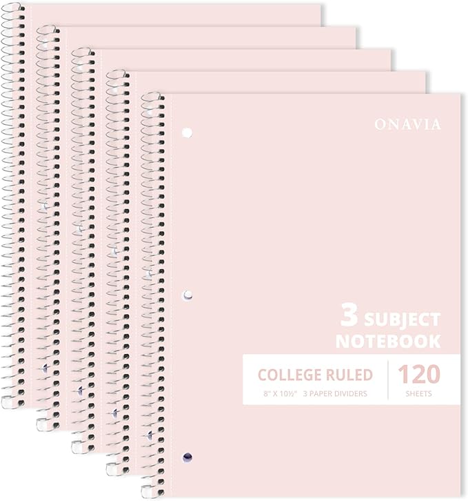ONAVIA 3 Subject Spiral Notebook, 5 Pack, College Ruled, 8 x 10.5 in, 120 Sheets, 3-Hole Punched with Dividers and Double-Sided Pockets for School, Study, Homework, Pink