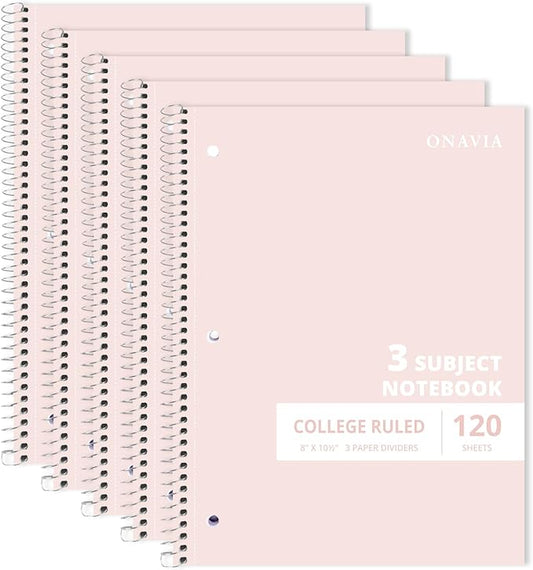 ONAVIA 3 Subject Spiral Notebook, 5 Pack, College Ruled, 8 x 10.5 in, 120 Sheets, 3-Hole Punched with Dividers and Double-Sided Pockets for School, Study, Homework, Pink