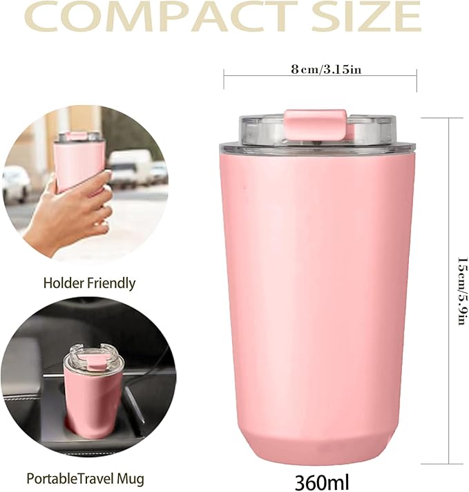 DEQIANG Travel Coffee Cup, Coffee Cup Travel with Lid, Insulated Coffee Mug for Hot & Cold Beverages, Great Gift Choice for Coffee Lovers, Office Workers, Hikers & Commuters (Pink, 12 oz)