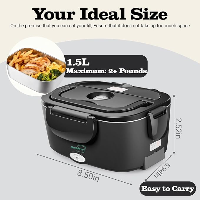 Buddew Electric Heated Lunch Box, 80W Fast Heating, 1.5L Food-Grade 304 Stainless Steel, 12V/24V/110V Portable Food Warmer for Car Truck Office Adults, Lonchera Electrica Portatil (Black)