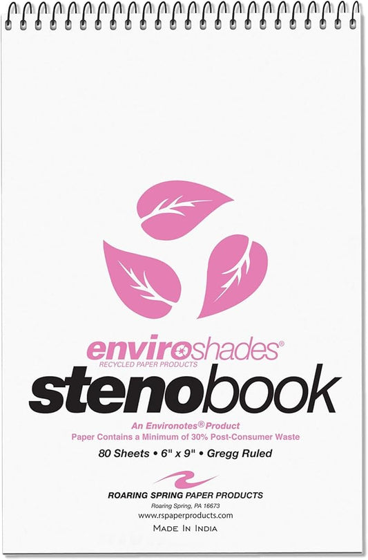 ROARING SPRING Enviroshades Colored Steno Books, 4 Pack of Memo Pads, Recycled Pink Paper, 6" x 9", 80 Sheets, Gregg Ruled, Perforated, Wirebound, Heavy Chipboard Back