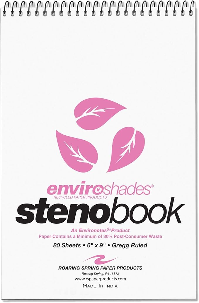 ROARING SPRING Enviroshades Colored Steno Books, 24 Pack of Memo Pads, Recycled Pink Paper, 6" x 9", 80 Sheets, Gregg Ruled, Perforated, Wirebound, Heavy Chipboard Back