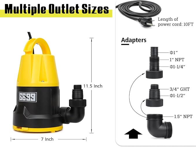 Submersible Sump Pump 1/2HP Portable Water Pump 2500GPH Drain Water for Pool Pond Hot Tub Flooded House High Flow/Low Water Level Mode Adjustable