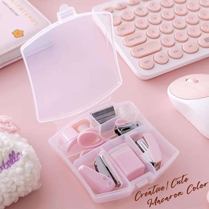 Mini Office Supply Kits Mini School Supplies – Includes Mini Stapler,Scissors, Staple Remover, Staples, Tape Dispenser (Pink)