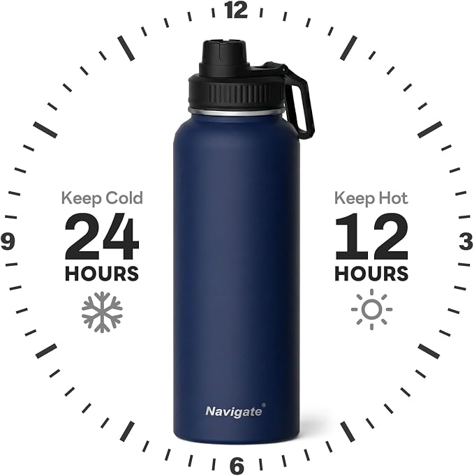 Navigate 40 oz Insulated Stainless Steel Sports Water Bottle with Spout & Handle Lids,Wide Mouth Water Jug with Double Walled Leak Proof Keep Cold for 24 Hrs Hot for 12 Hrs,Dark Blue