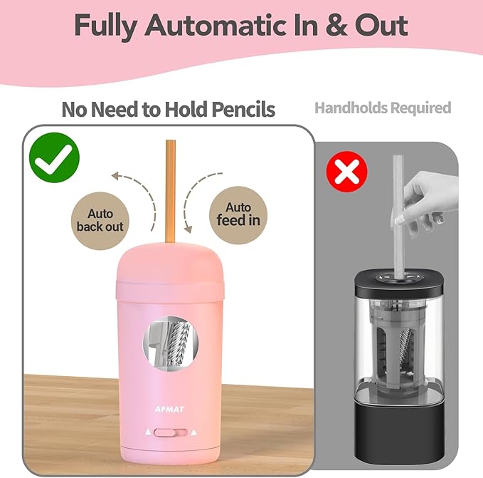 AFMAT Electric Pencil Sharpener, Fully Automatic Pencil Sharpener for 7-8mm Pencils & Colored Pencils, Auto in & Out, Rechargeable Vertical Hands-Free Sharpeners for Classroom/Home/Office PSX7(Pink)