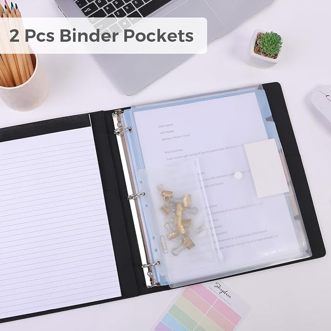SKYDUE 3 Ring Binder with Clipboard, 13.2" × 10.2" Faux Leather 1 Inch Binder Organizer with 5 Pocket Dividers, Notepad, Labels & 2 Storage Pockets for Teachers, Students, Nurses & Office Work