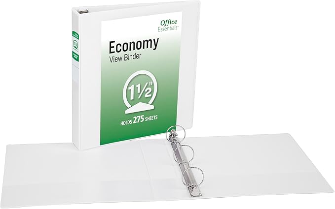 Office Essentials Economy View 3 Ring Binders, 1.5" Round Rings, 2.1" Spine, 275-Sheet Capacity, White Binders (12-Pack of 03426)