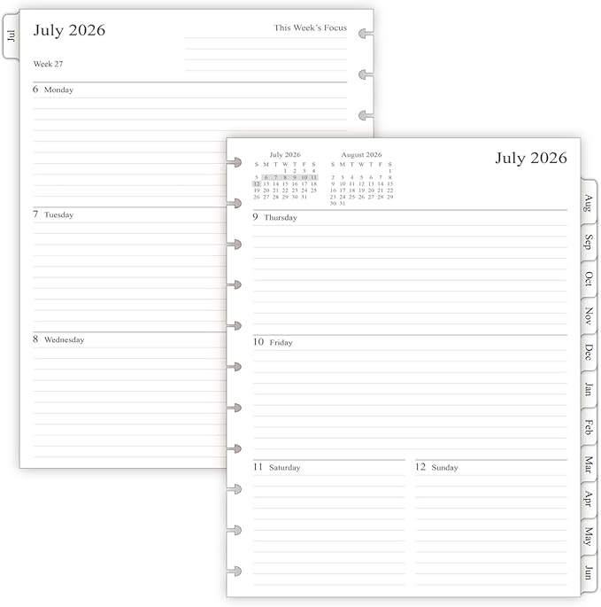 2026-2027 Weekly Planner Refills for 11-Discbound Notebooks, Jul 2026 to Jun 2027, Monthly Tabs, 11-Disc Punches, Letter Size, 8-1/2" x 11"