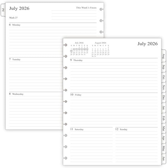 2026-2027 Weekly Planner Refills for 11-Discbound Notebooks, Jul 2026 to Jun 2027, Monthly Tabs, 11-Disc Punches, Letter Size, 8-1/2" x 11"