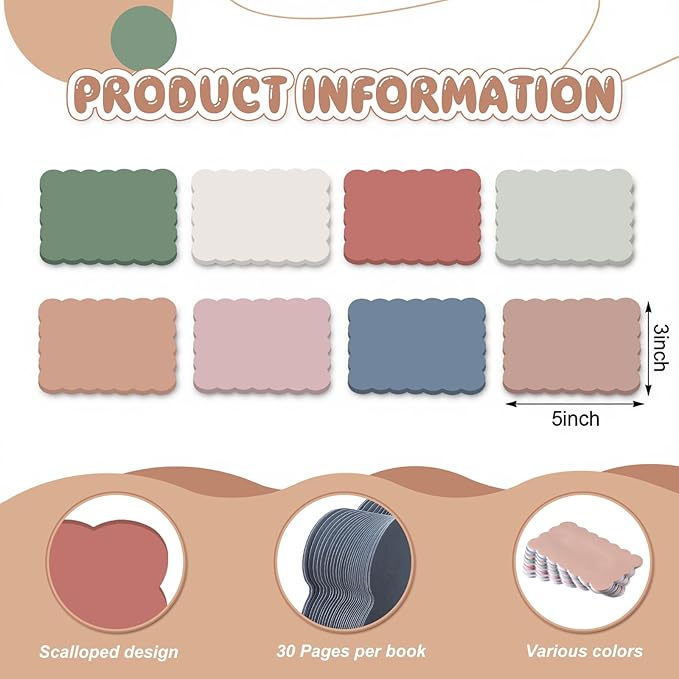 Eaasty 8 Pack Scalloped Aesthetic Sticky Notes Bulk Vintage Colors Cute Wavy Self Sticky Note Pads 3" x 5" Blank Note Pads for Back to School Office Supplies Graduation Teacher 240 Sheets