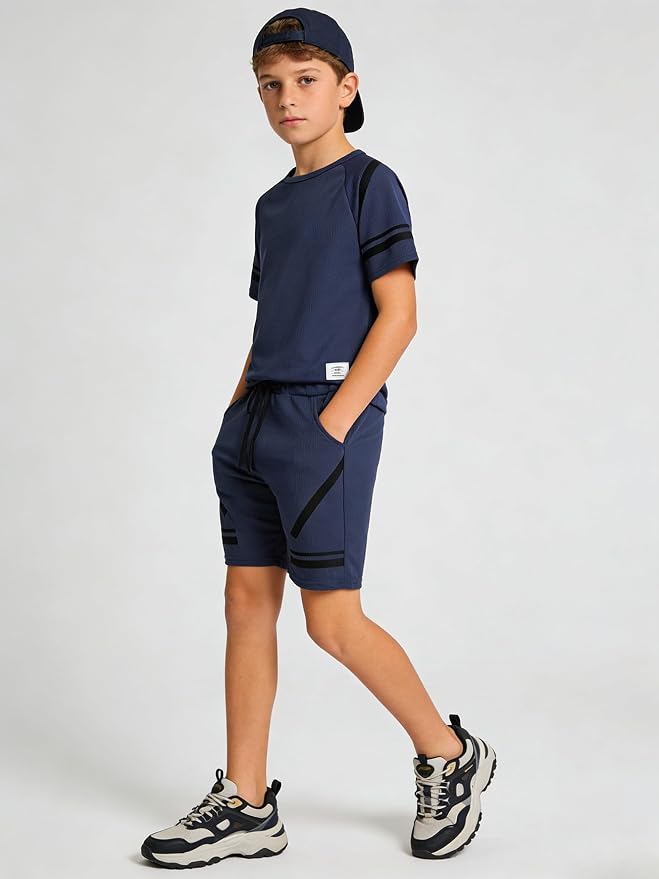 Cakaner Tween Boys Clothes Summer Simple Print T-Shirt And Shorts Set 2 Pieces Teen Trendy Outfits Size 7-14 Year