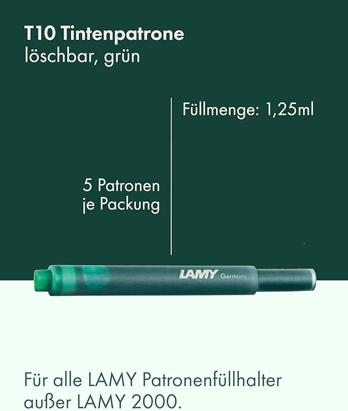 LAMY T10 Set of 6 erasable Ink cartridges with Large Ink Capacity - Suitable for All Lamy Fountain Pen Models - Contents 1.25 ml per Cartridge - 5 Pieces per Pack - Ink Color Green