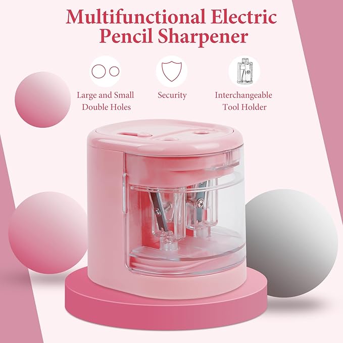 AUAUY Automatic Electric Pencil Sharpener with 2 Hole Sizes, Battery Operated with 4 Knife Holders & Charger, for Standard & Makeup Pencils (Pink)