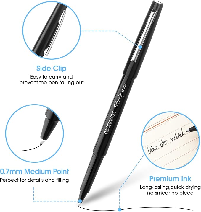 TWOHANDS Felt Tip Pens Fine Point Marker Pens, Black, 0.7mm, 12 count