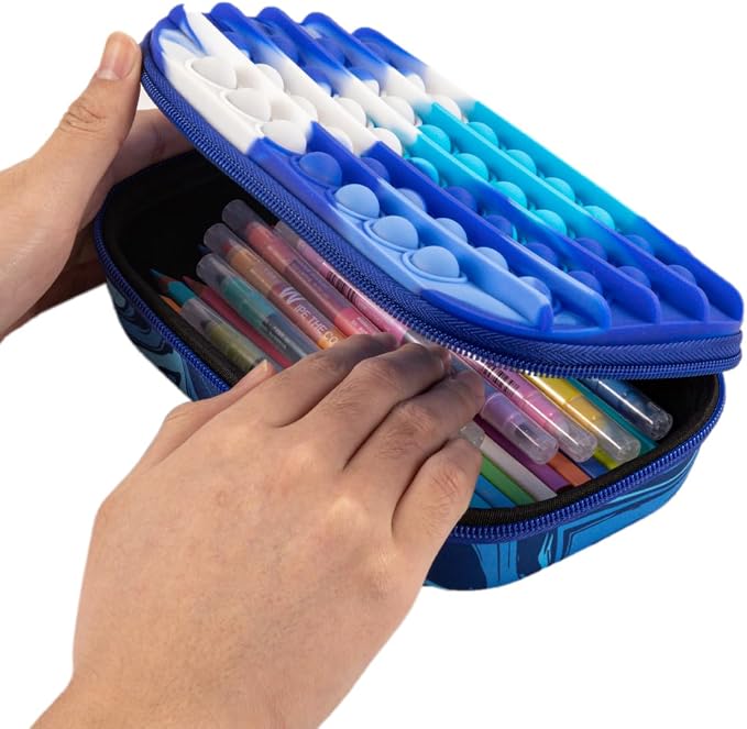 ZIPIT POP Pencil Case for Boys, Silicone Sensory Fidget Pencil Box, Blue | Playful box for kids with tactile top, sturdy crack-proof shell, secure zipper, large capacity holds 60 pens & pencils