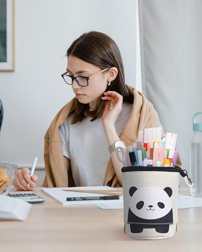 Sooez Standing Pencil Case, Cute Stand up Pencil Pouch, Telescopic Pen Pouch, Portable Pencil Holder, Spacious Pencil Pouch Bag for School Office Supplies, 7.5''x3.07'', Beige Panda