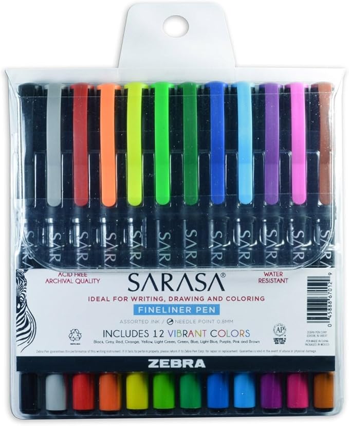 Zebra Pen, SARASA Fineliner Felt Tip Pens, 0.8mm Porous Point, Assorted Colors, Archival Quality, Acid Free, Fast-Drying Ink, Ideal for Writing, Journaling and Coloring, 12-Pack (67012)