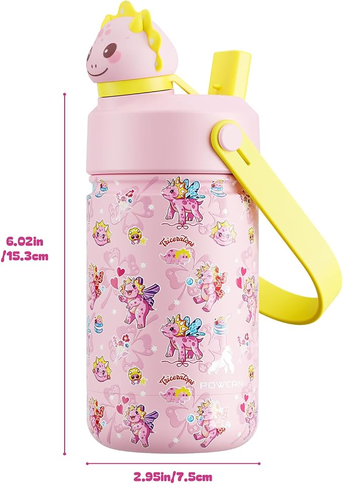 POWCAN 12 oz Kids Water Bottle: 2-in-1 Straw Spout Lid with Soft Animal Head, Leakproof, Backpack Friendly, Keep Cold 24H, Cute Patterns, Insulated Cup for School, Playtime, Trip, Gift (Lovely Trike)