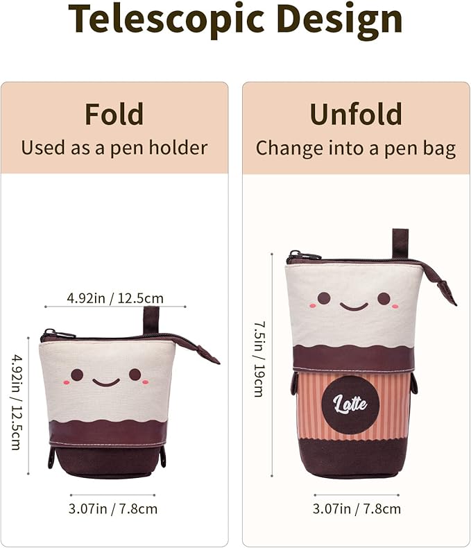 Sooez Standing Pencil Case, Cute Stand up Pencil Pouch, Telescopic Pen Pouch, Portable Pencil Holder, Cute Stand up Pencil Case, Spacious Pencil Pouch Bag for School Office Supplies, Brown Coffee