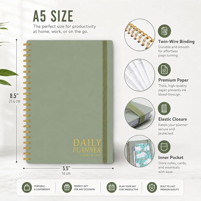 Daily Planner Undated - Simplified To Do List Notebook with Hourly Schedules, Spiral Appointment Organizer, 5.5" x 8.5", Easily Manage Your Tasks and Productivity - Green