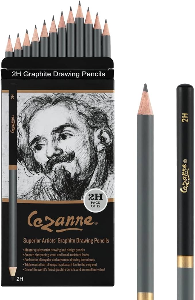 Cezanne Graphite Drawing Pencils Set - 2H, Set of 12 Break-Resistant Graphite Lead, Easy-to-Sharpen Sketch Pencils, Master Artist Quality Graphite Pencils for Technical and Artistic Drawing