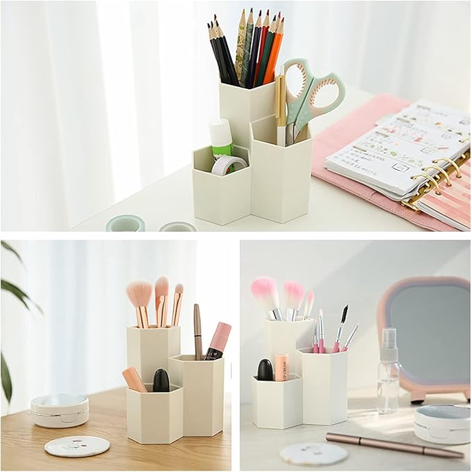 Pen Holder for Desk, White Pens Cup with 3 Compartment Small Desk Organizer Cute Pencil Holder for Office,School and Home (White, Triangular)