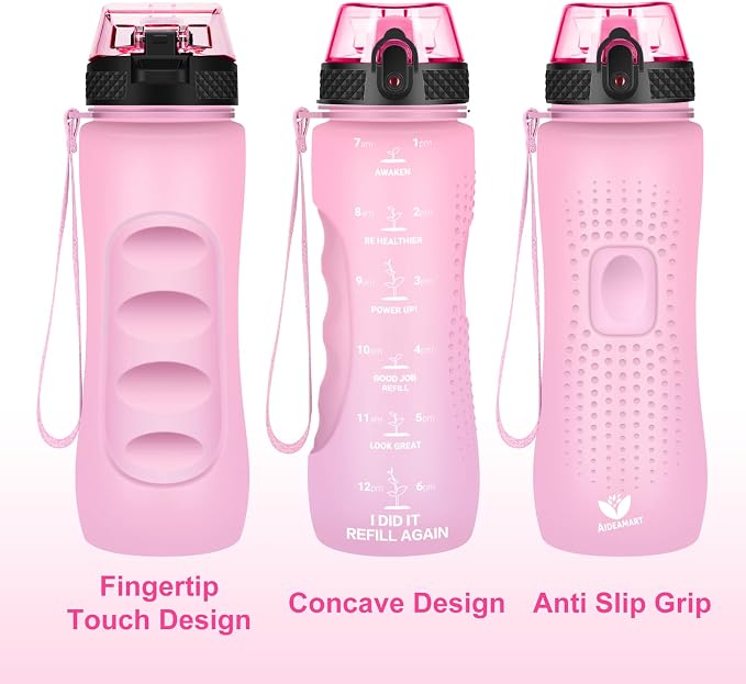 24 OZ Motivational Kids Water Bottle With Time Marker,Straw Lid,Leak Proof, Tritan BPA Free Sports Water Bottle Pink(1 Lid)