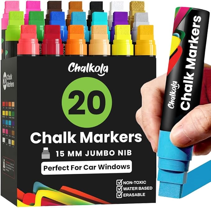 Chalkola Car Window Markers for Glass Washable - (15mm, 20 Pack w/Gold Silver) | Jumbo Liquid Chalk Markers for Blackboard, Chalkboard, Auto Mirror, Bistro Board — 3 in 1 Wide Nib Chalk Paint Pens