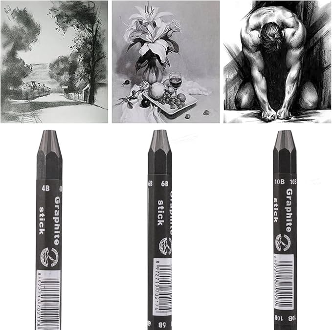 Graphite Sticks for Drawing- Water Soluble -Soft 4B 6B 10B, Artist Graphite Sticks Pencil Set for Sketching, Shading, Pack of 3 Pcs