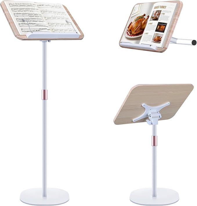 2 in 1 Dual-use Music Stand & Desktop Book Stand, Adjustable Height 16.5"-51", 100% Solid Wood Laptop Floor Stand Book Holder with Elastic Page Clips for Cookbooks, Sheet Music (White)
