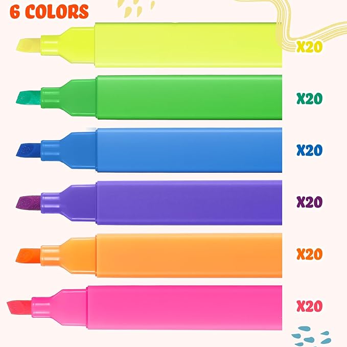 Marspark 120 Pcs Highlighters Bulk Chisel Tip Aesthetic 6 Assorted Colors No Bleed Cute Soft Bright Color Marker Pens for Journal Planner Notes School Study Office Supplies (Bright Colors)