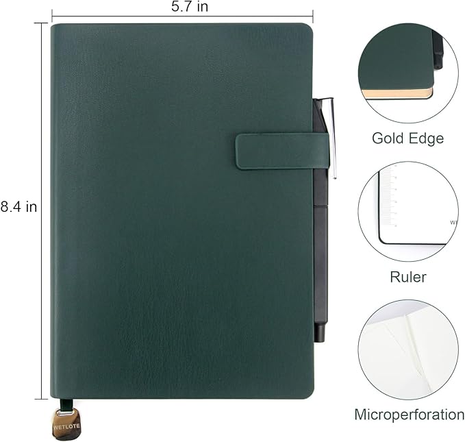 Soft Cover Leather Journal Notebook A5 Lined 212 Pages 5x8.25 Inches with Strap Closure Travel Work School Writing Journaling Notebooks for Women Men Gift Box Packaging Dark Green