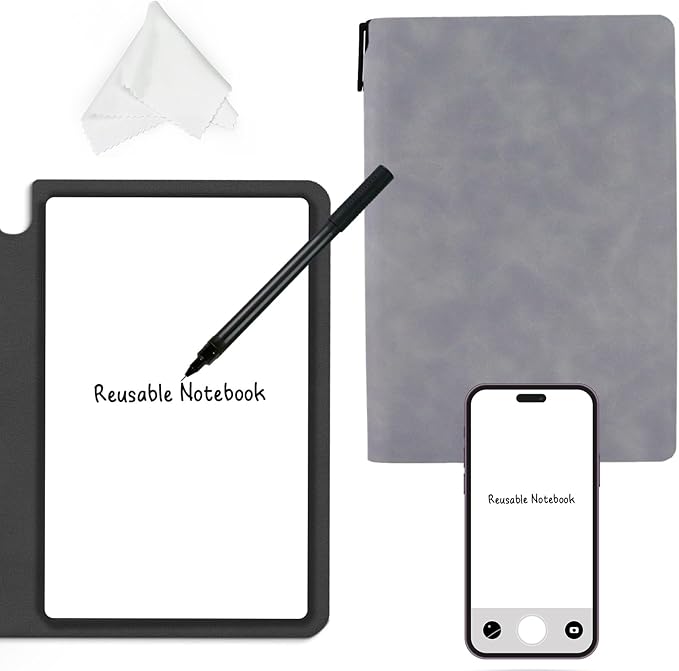 Reusable Whiteboard Notebook, A5 Erasable Smart Notebook, Portable Sketchbook with Wipe Cloth and Writing Pen for Students Kids Teacher