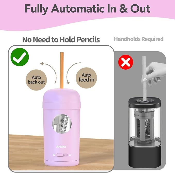 AFMAT Electric Pencil Sharpener, Fully Automatic Pencil Sharpener for 7-8mm Pencils & Colored Pencil, Auto in & Out, Rechargeable Vertical Hands-Free Sharpeners for Classroom/Home/Office PSX7(Purple)