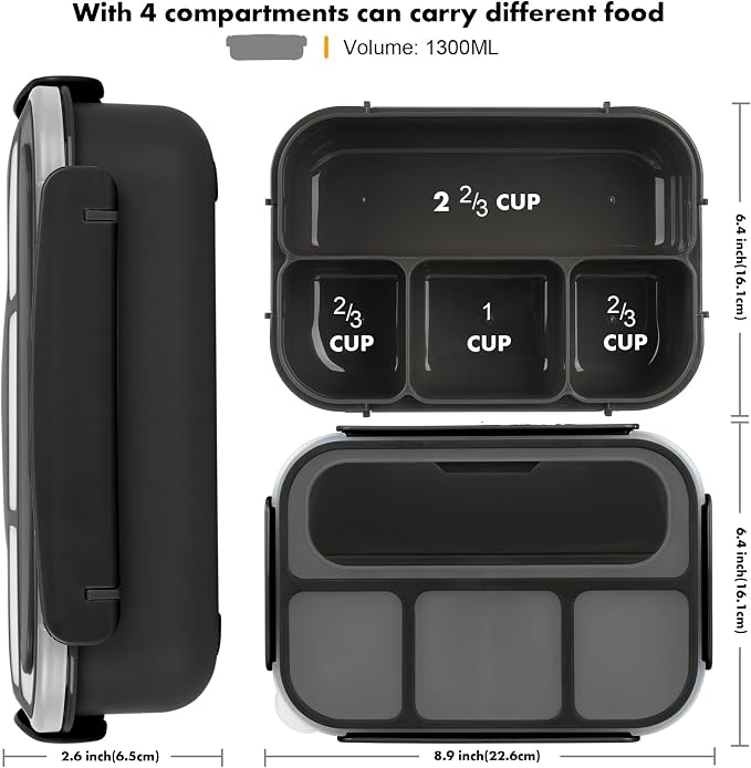 Yumuk Bento Box for Kids 1300ML with 4 Compartment & Cake Cups, Black | Lunch Box Containers for Adults/Kids/Toddler, Leak-Proof, Microwave/Dishwasher/Refrigerator Safe, BPA Free