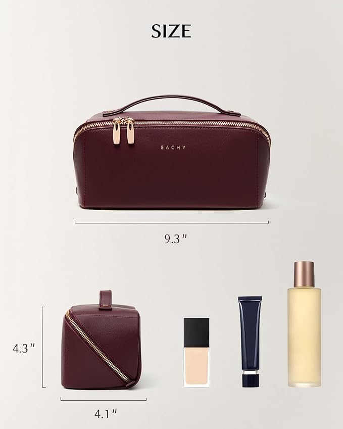 EACHY Travel Makeup Bag, Large Capacity Cosmetic Bag for Women, Waterproof PU Leather, Flat Open Portable Toiletry Bag for Skincare, Brushes & Travel Essentials