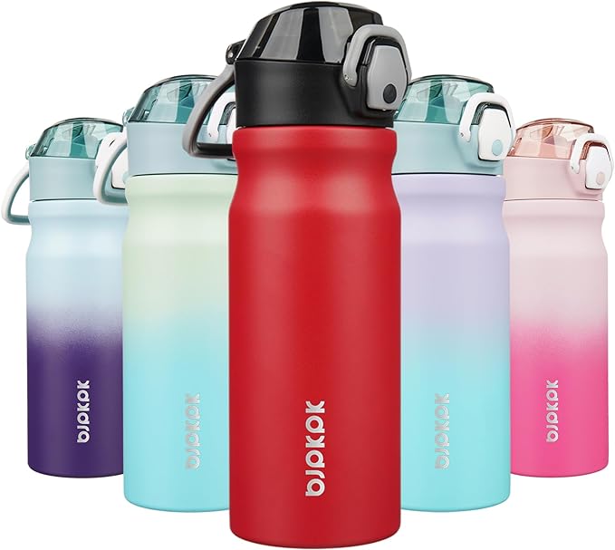 BJPKPK 18oz Insulated Water Bottle with Straw Stainless Steel Double Wall Water Bottles BPA Free Leak Proof Thermal Flask with Lockable Flip Lid and Soft Silicone Spout,Red